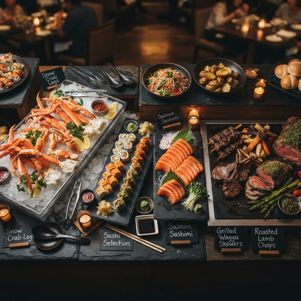 Buffet spread with snow crab legs, sushi, sashimi and grilled meats