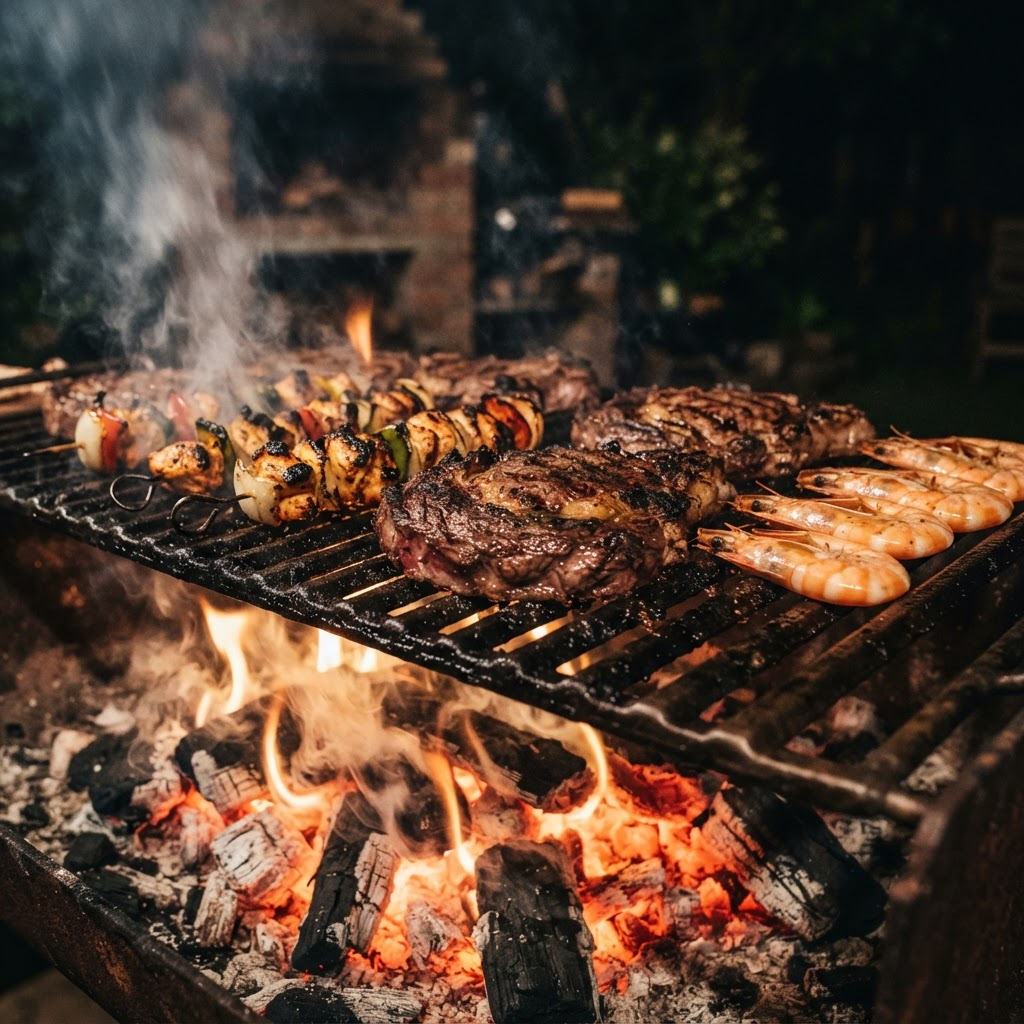 Steaks, skewers and shrimp searing over glowing charcoal